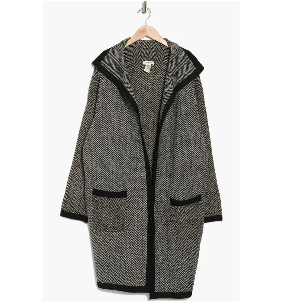 Max Studio Gray Black Herringbone Open Front Long Cardigan Sweater Size L - Picture 2 of 4